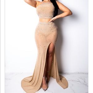Nude rhinestone skirt set